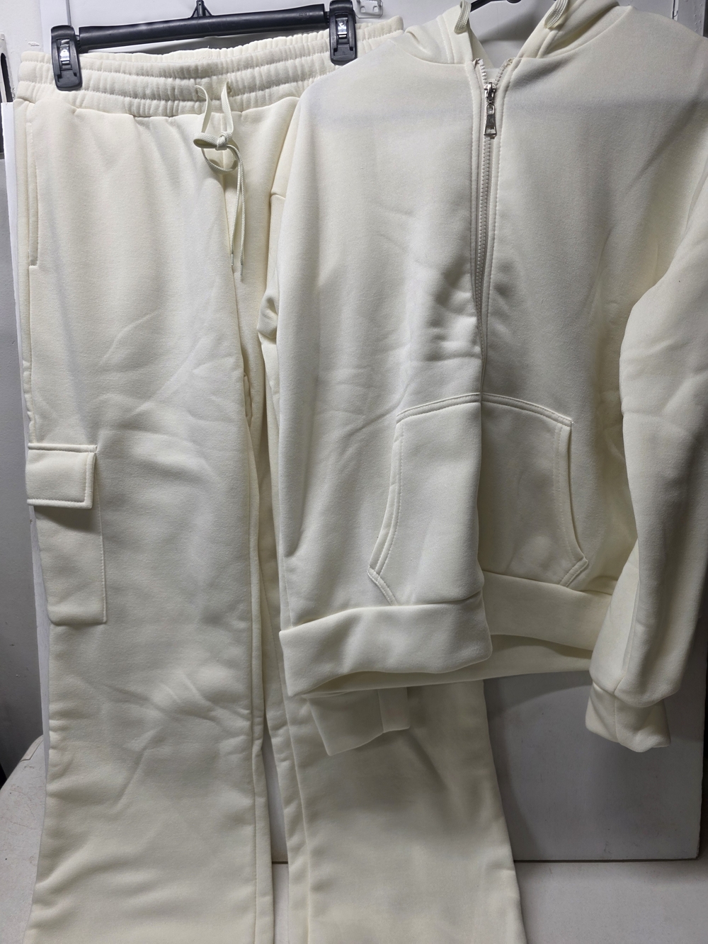 R.A.G. Womens L Cream 2 Piece Tracksuit Zip Hoodie Cargo Wide Leg Pants NWT
